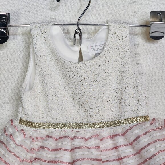 The Childrens Place White Gold Sparkle Pink Stripe Fit & Flare Lined Dress 9-12M - Picture 3 of 16